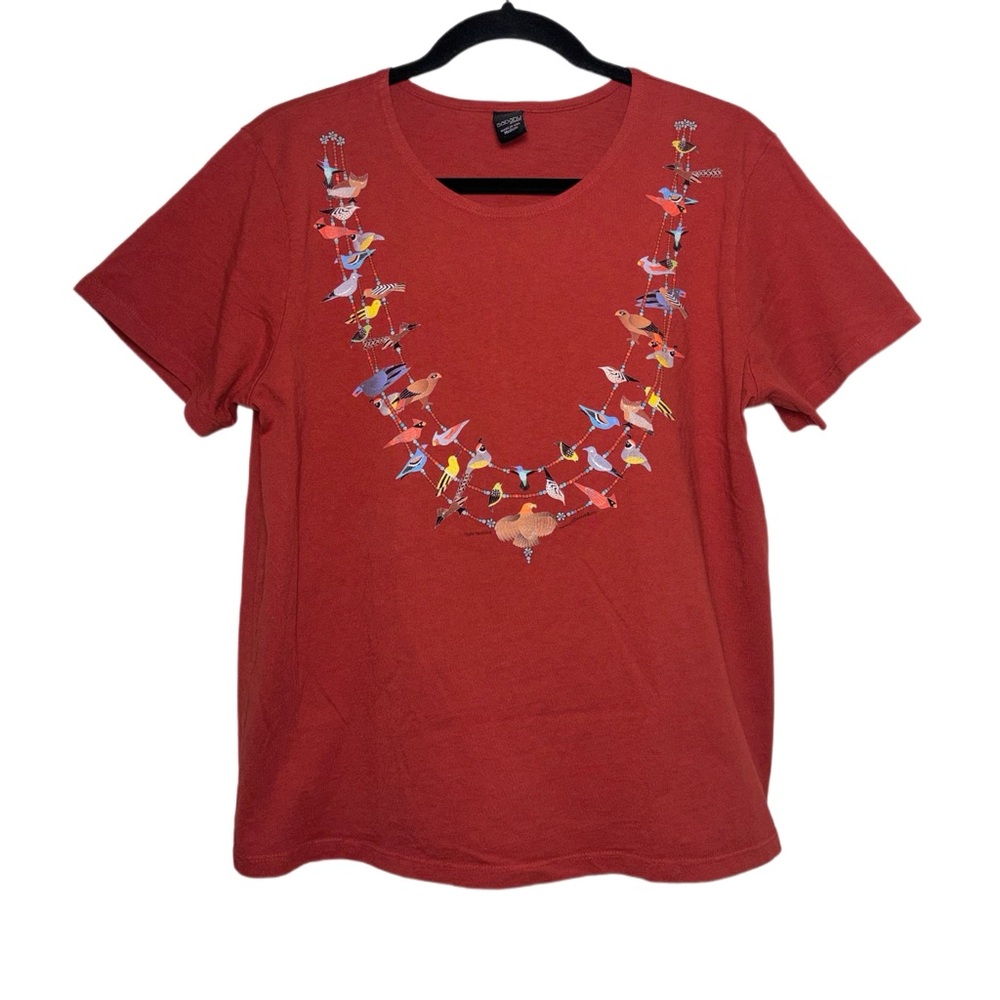 Sabaku artwear Red Tee Colorful Bird "necklace" graphic design Woman's Medium